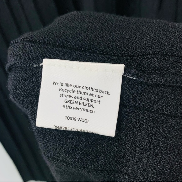 Eileen Fisher Wool Scoop Neck Pleated Ribbed Fit Flare 7/8 Sleeve Dress Black - Picture 6 of 11